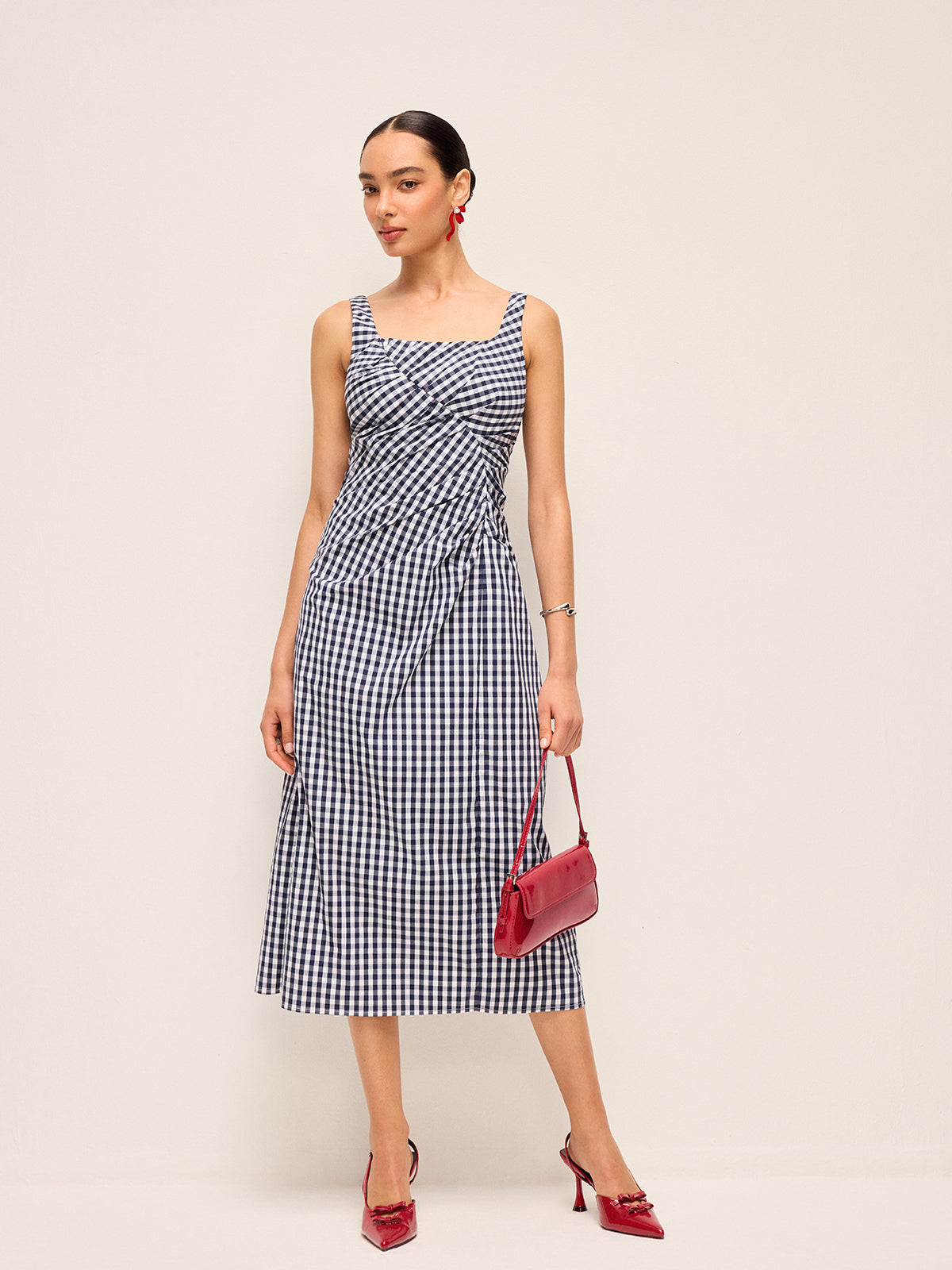Sleeveless Gingham Dress With Asymmetric Pleats-Massicos