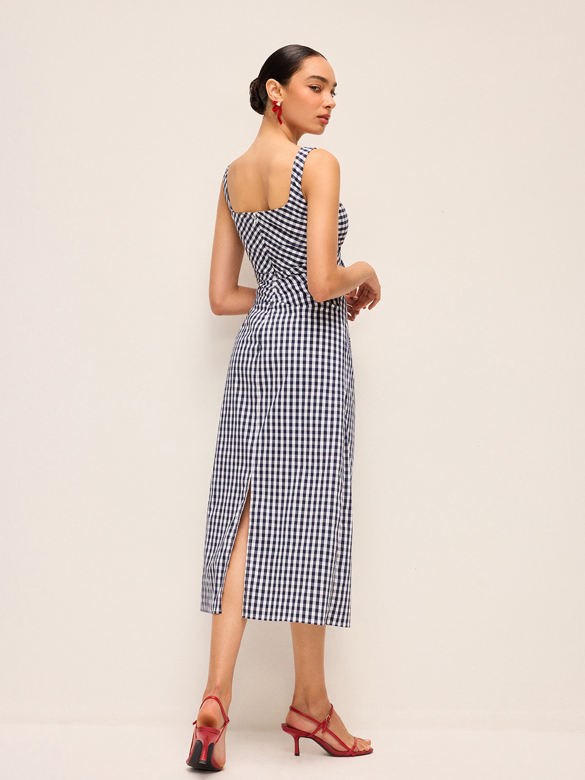Sleeveless Gingham Dress With Asymmetric Pleats-Massicos
