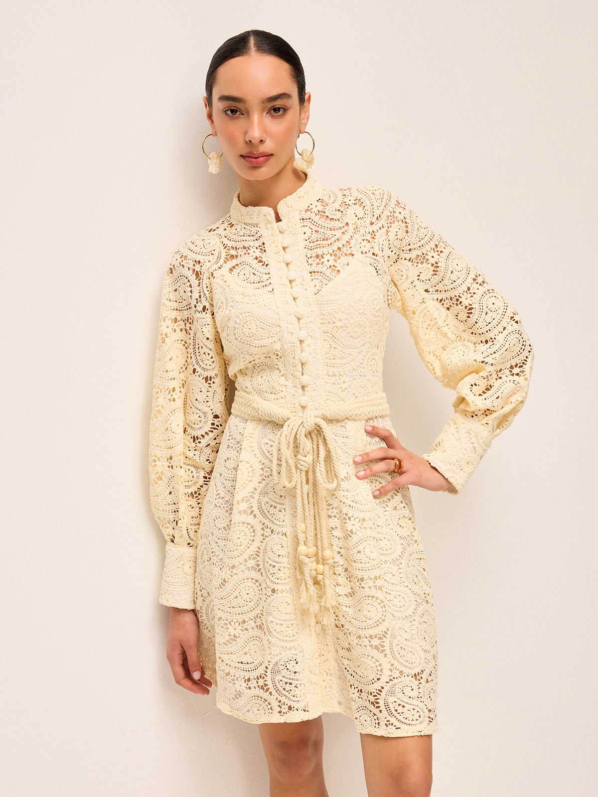 Semi-Sheer Lace Belted Dress-Massicos