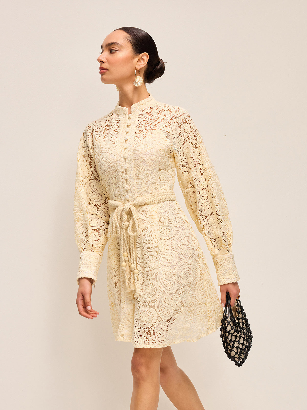 Semi-Sheer Lace Belted Dress-Massicos