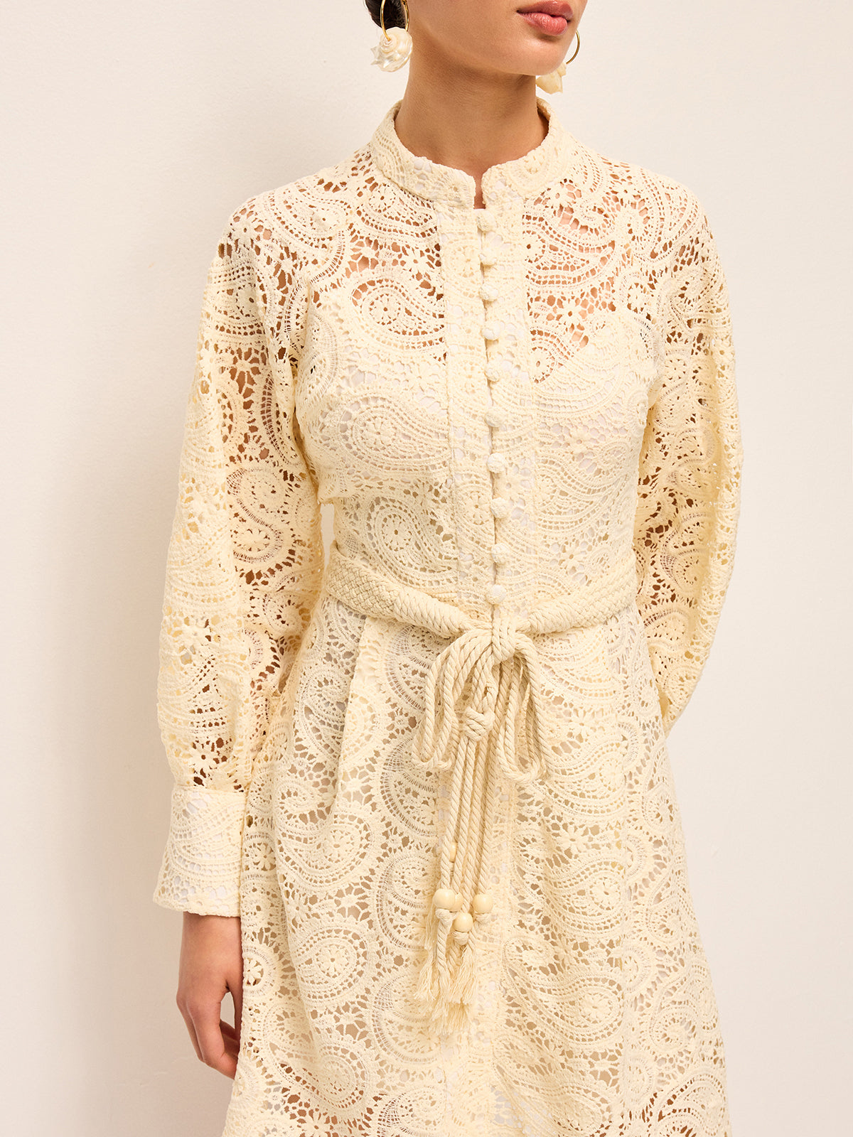 Semi-Sheer Lace Belted Dress-Massicos