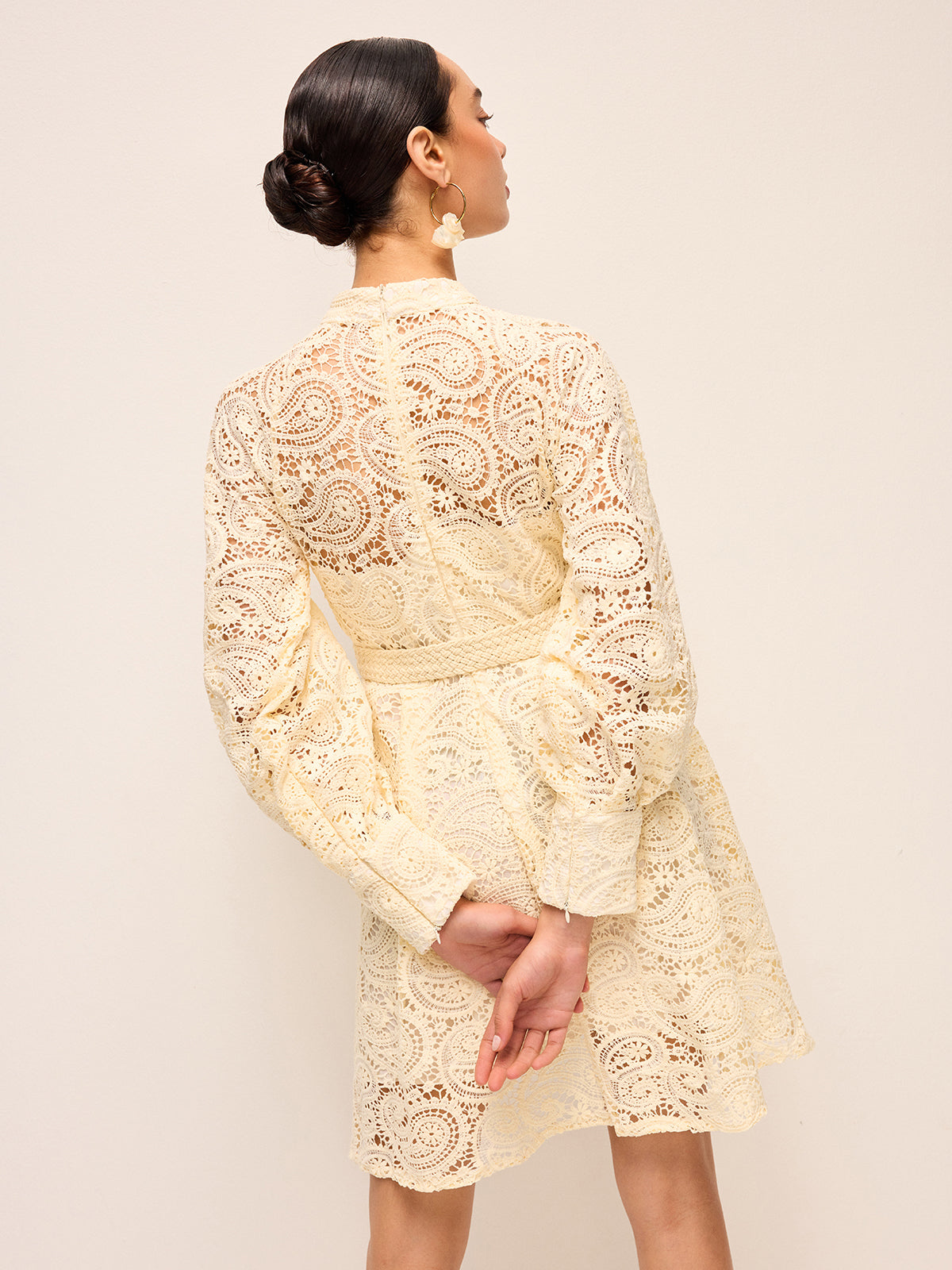 Semi-Sheer Lace Belted Dress-Massicos