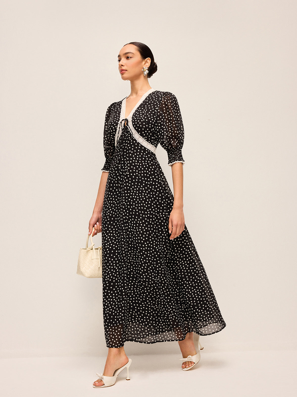 Semi-Sheer Polka Dot Chiffon Dress With Lace Trim-Massicos