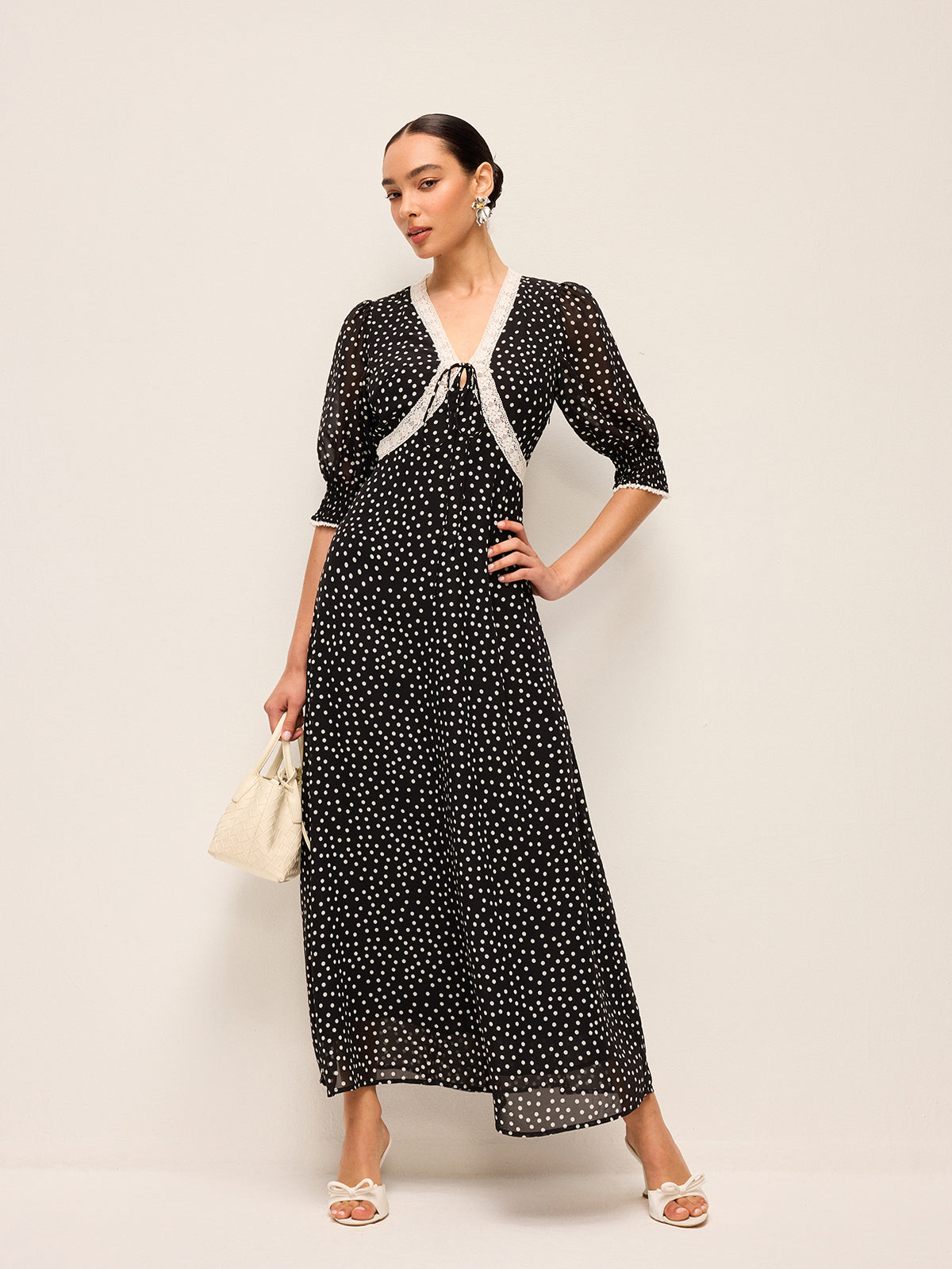 Semi-Sheer Polka Dot Chiffon Dress With Lace Trim-Massicos