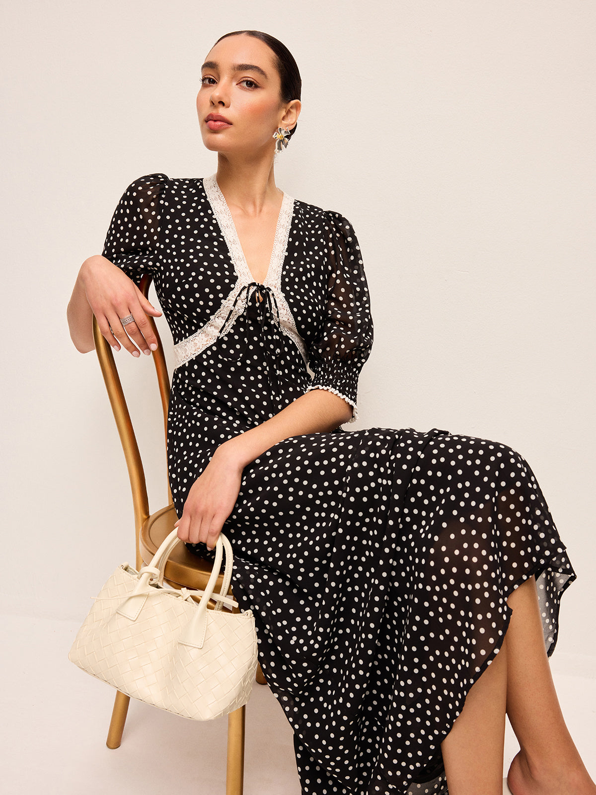 Semi-Sheer Polka Dot Chiffon Dress With Lace Trim-Massicos
