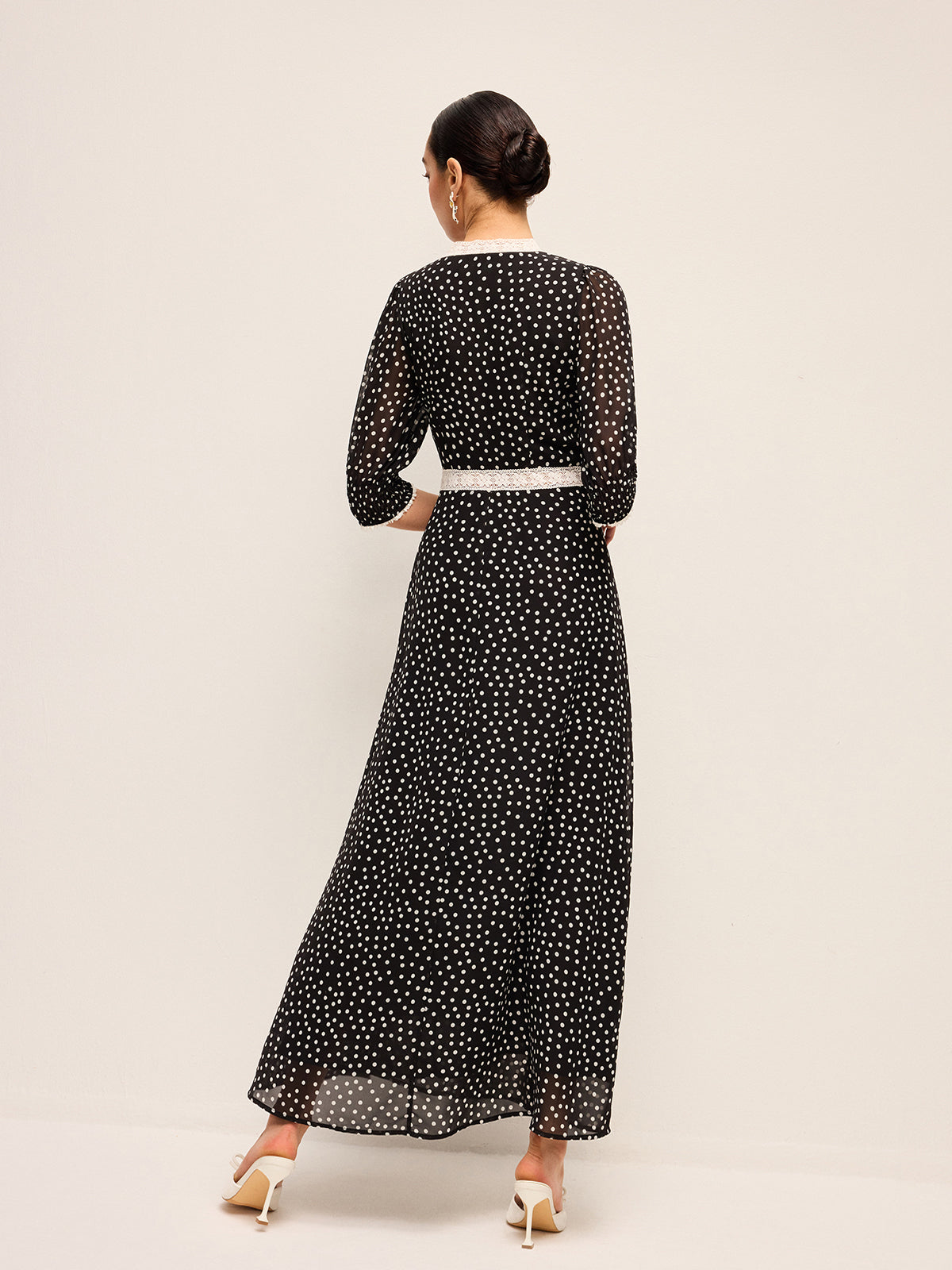 Semi-Sheer Polka Dot Chiffon Dress With Lace Trim-Massicos
