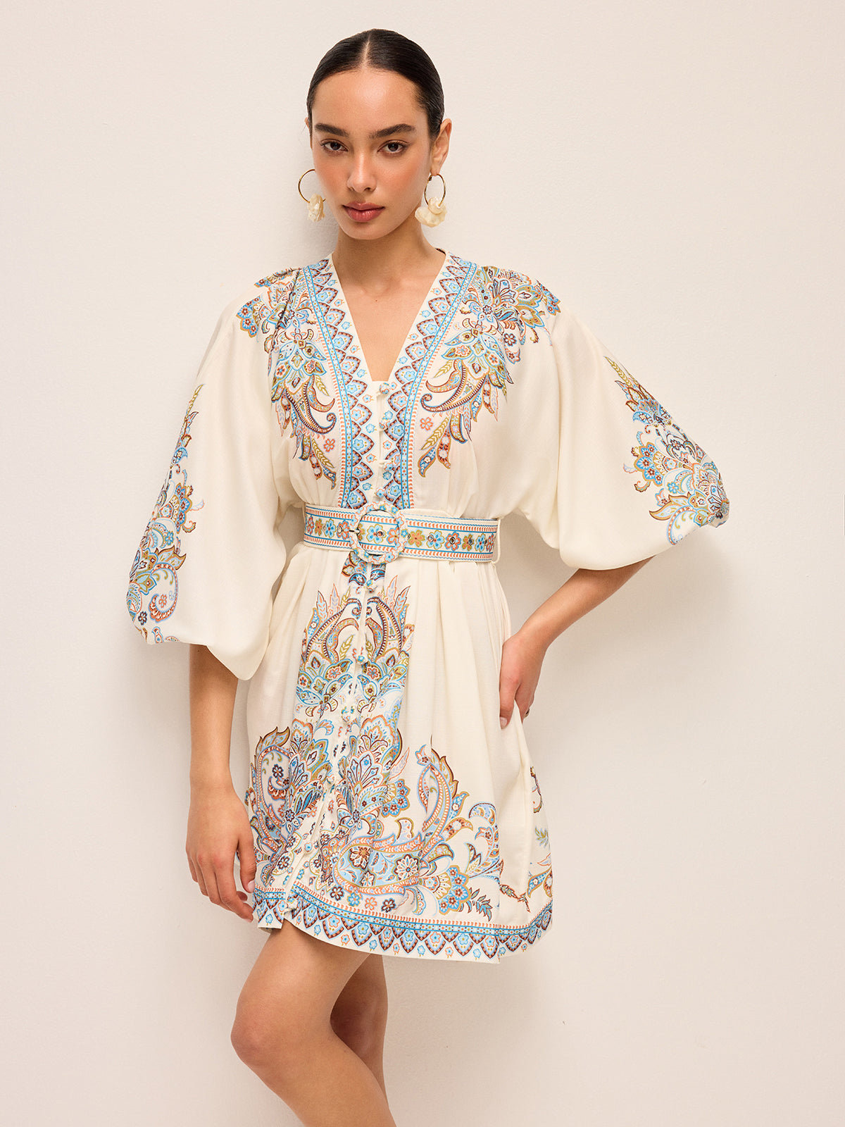 Boho Belted V-Neck Dress With Balloon Sleeves-Massicos