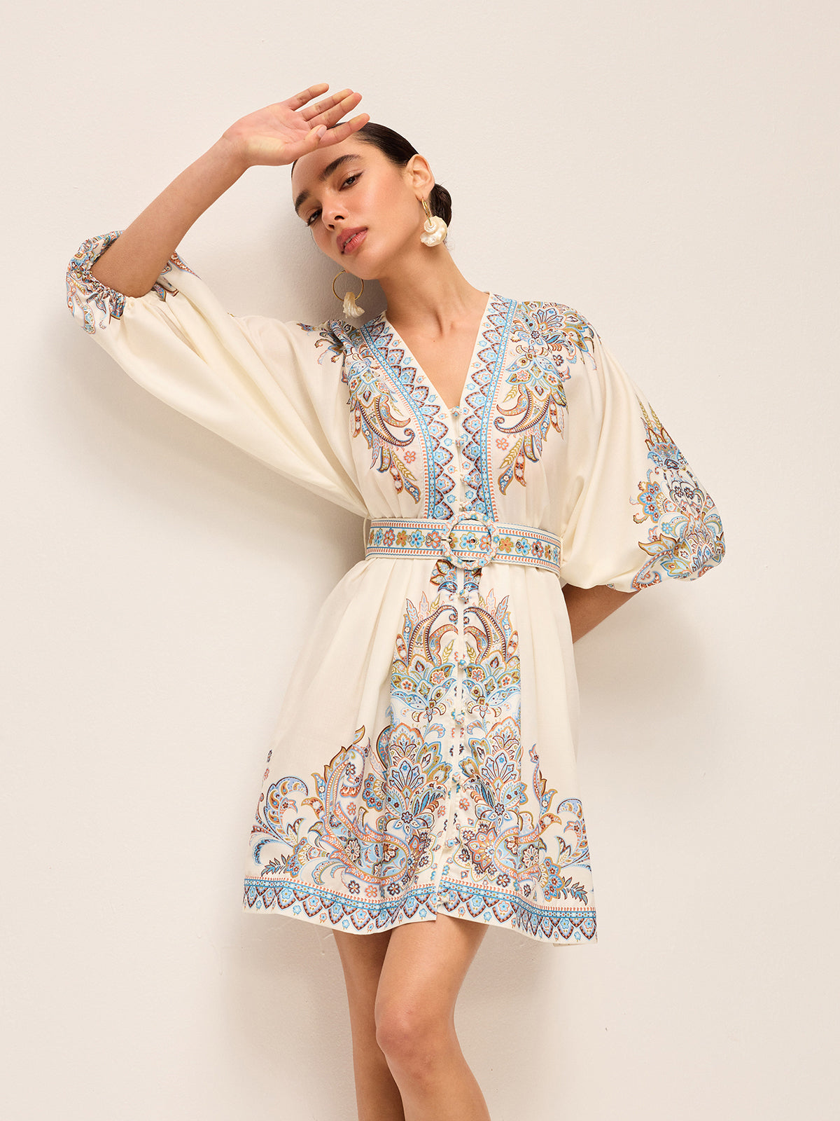 Boho Belted V-Neck Dress With Balloon Sleeves-Massicos