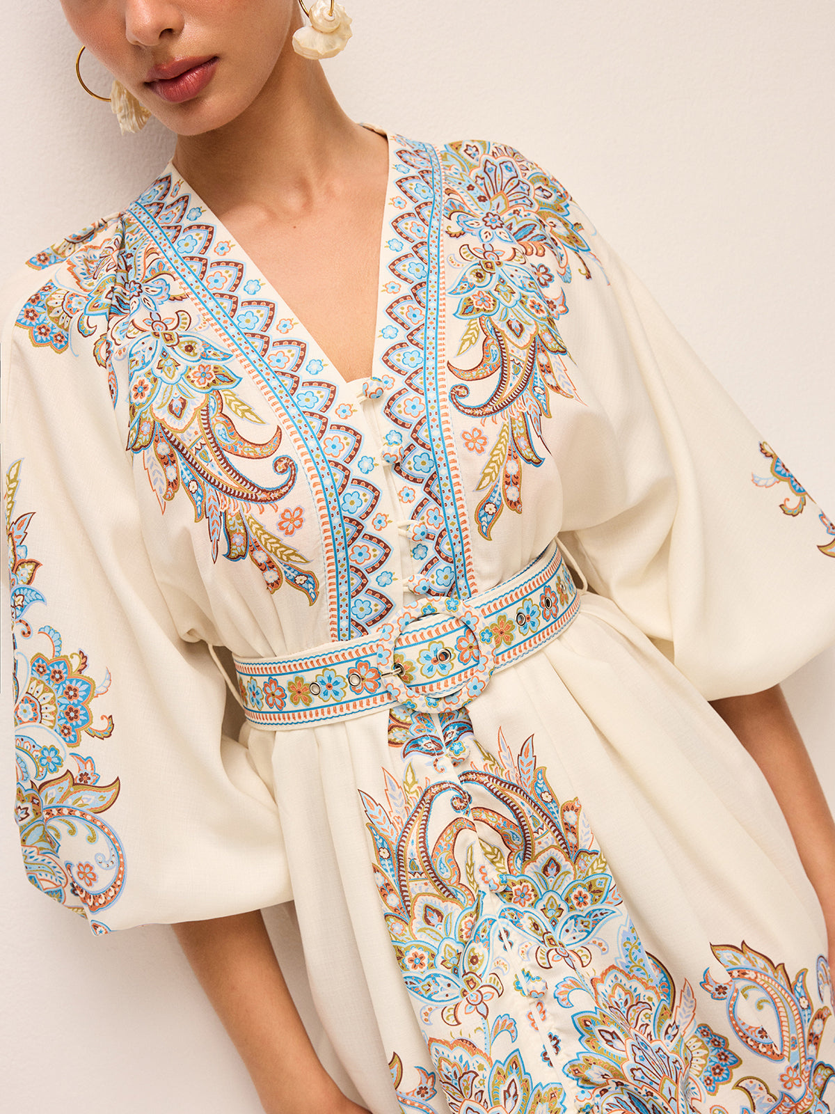 Boho Belted V-Neck Dress With Balloon Sleeves-Massicos