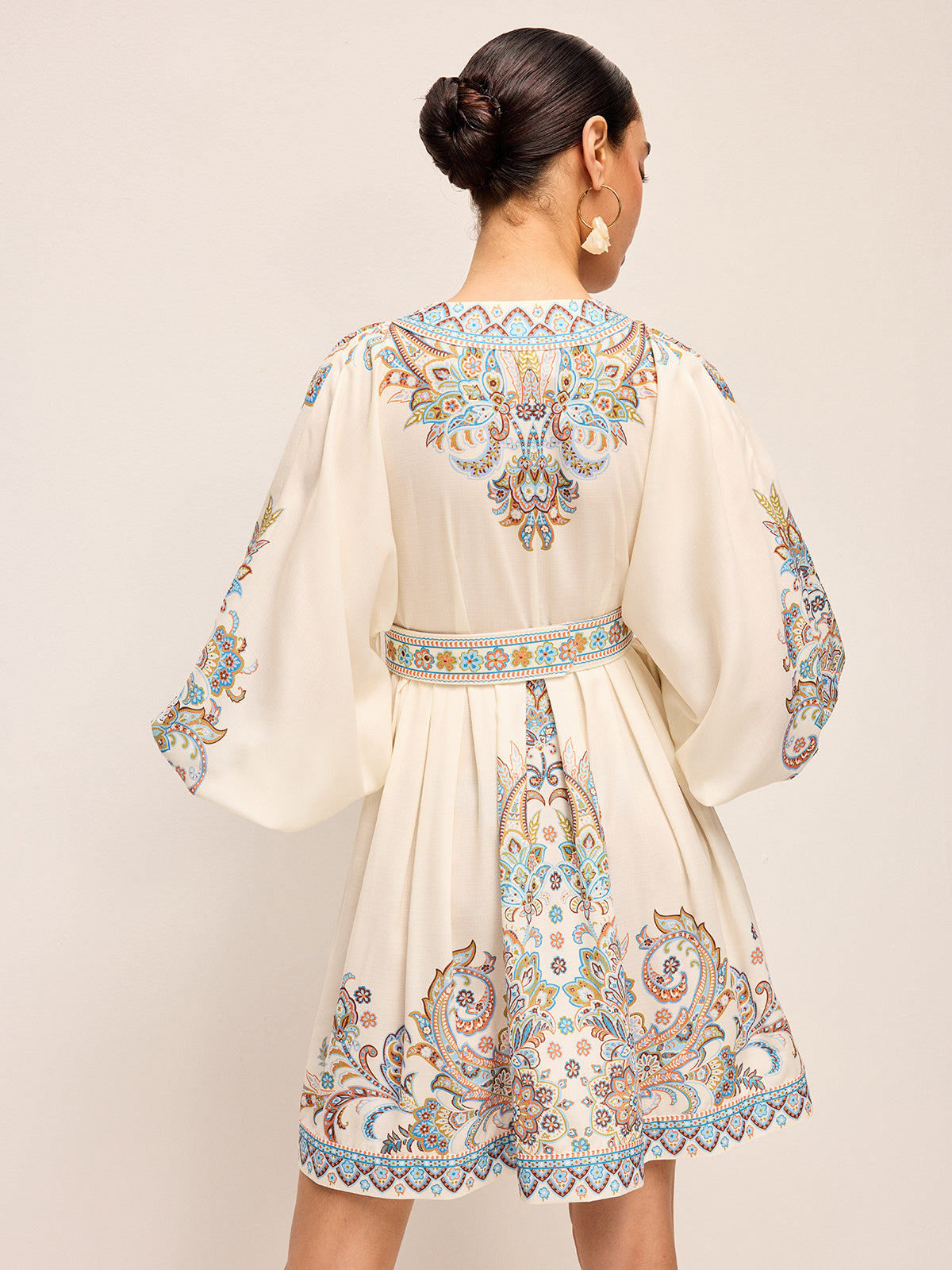 Boho Belted V-Neck Dress With Balloon Sleeves-Massicos