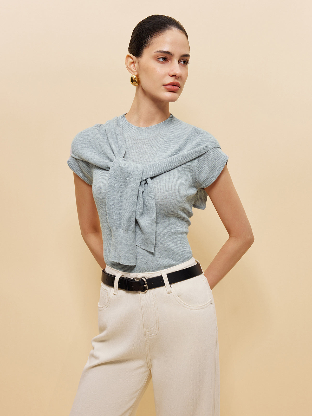 Wool-Blend Ribbed Knit Top With Tied Shawl Detail-Massicos