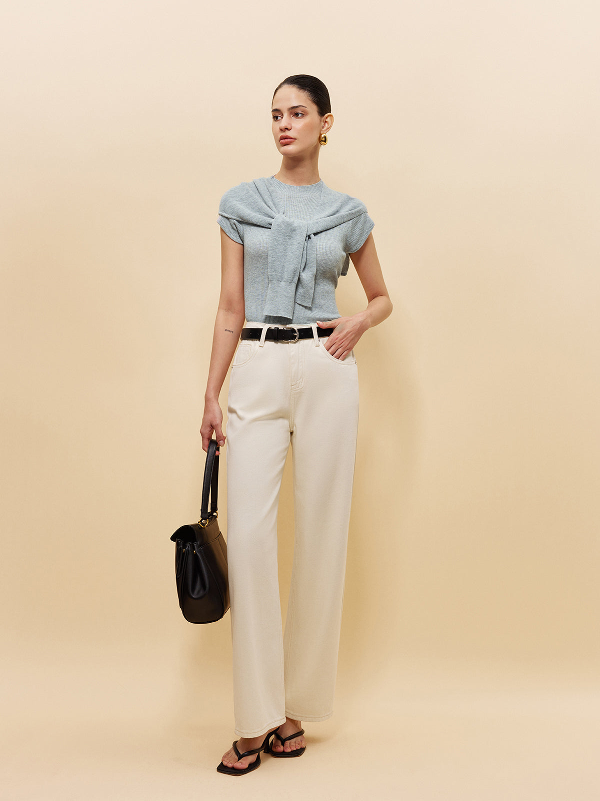 Wool-Blend Ribbed Knit Top With Tied Shawl Detail-Massicos