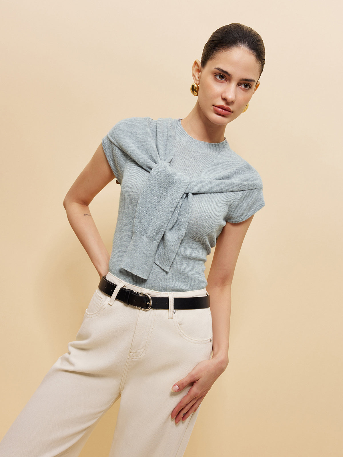 Wool-Blend Ribbed Knit Top With Tied Shawl Detail-Massicos