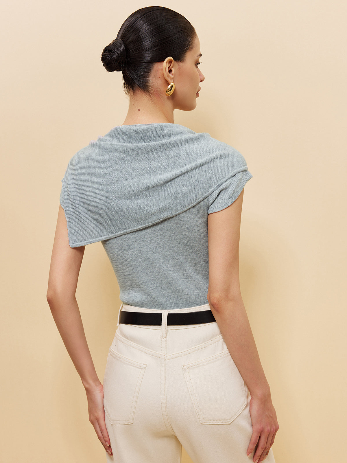 Wool-Blend Ribbed Knit Top With Tied Shawl Detail-Massicos