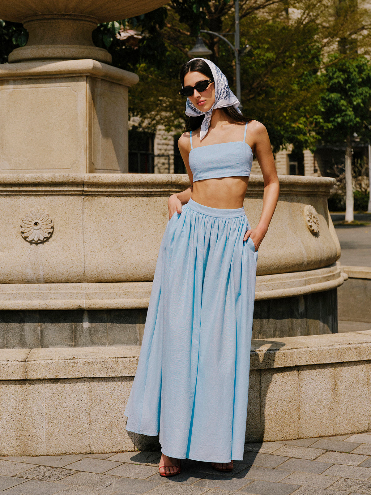 Cotton & Linen Pocket Detail Skirt Set-Massicos