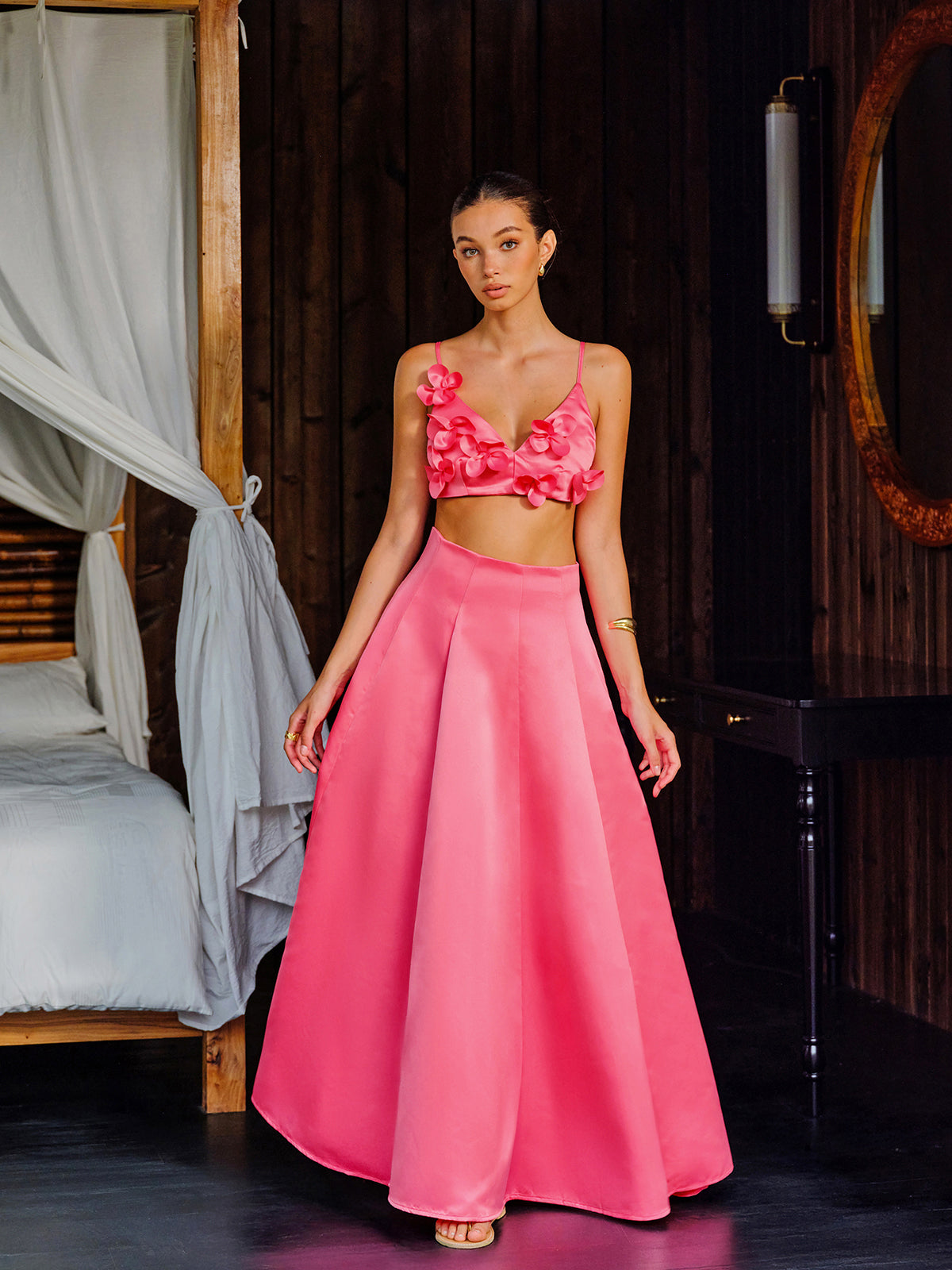 Floral Embellished Crop Top With A-Line Skirt Set-Massicos