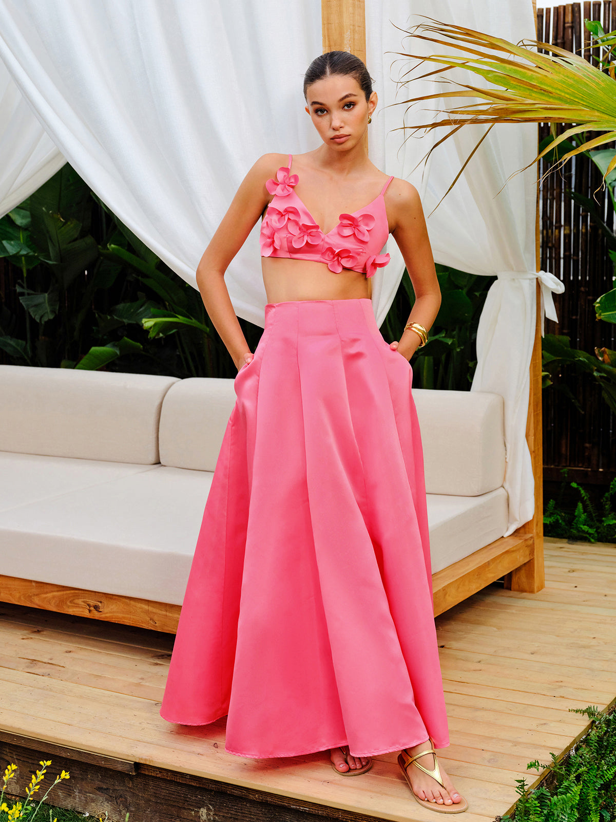 Floral Embellished Crop Top With A-Line Skirt Set-Massicos