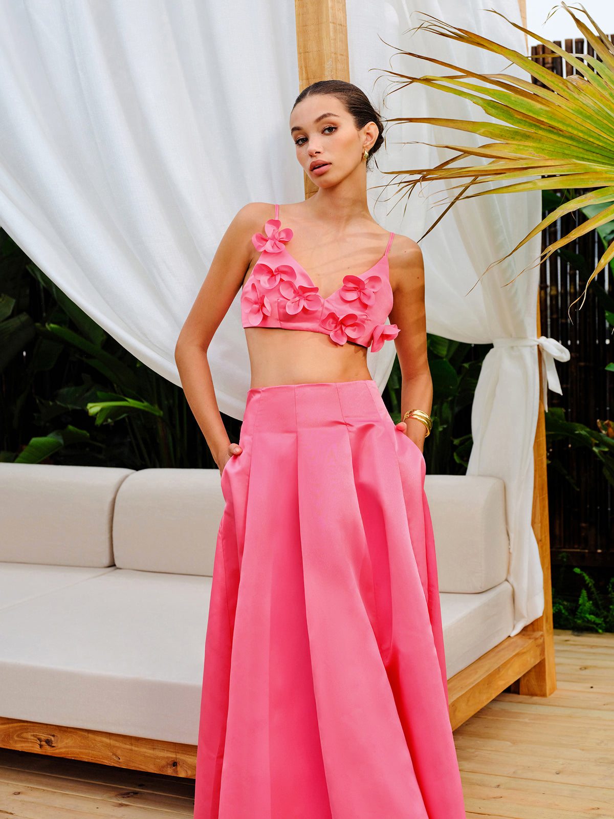 Floral Embellished Crop Top With A-Line Skirt Set-Massicos