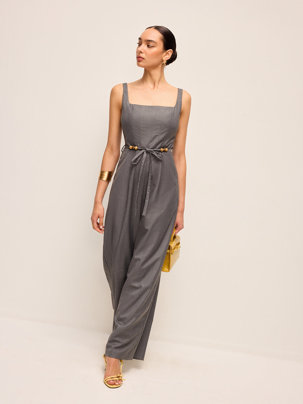Square Neck Belted Jumpsuit With Beaded Waist Tie-Massicos