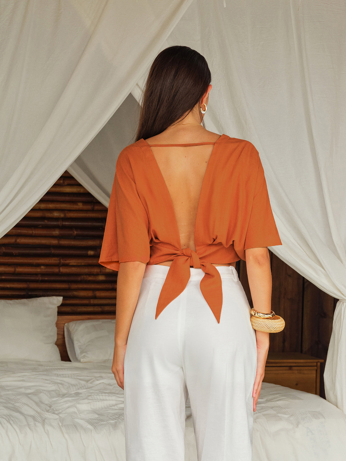 Cotton & Linen Criss-Cross Front Blouse-Massicos