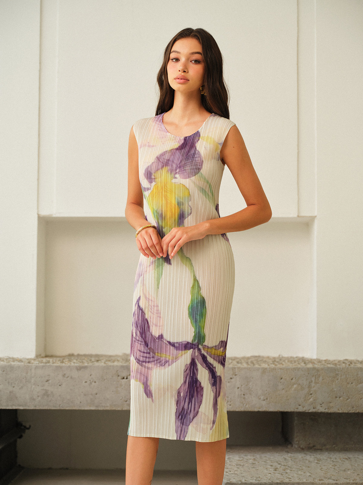 Sleeveless Floral Print Dress-Massicos