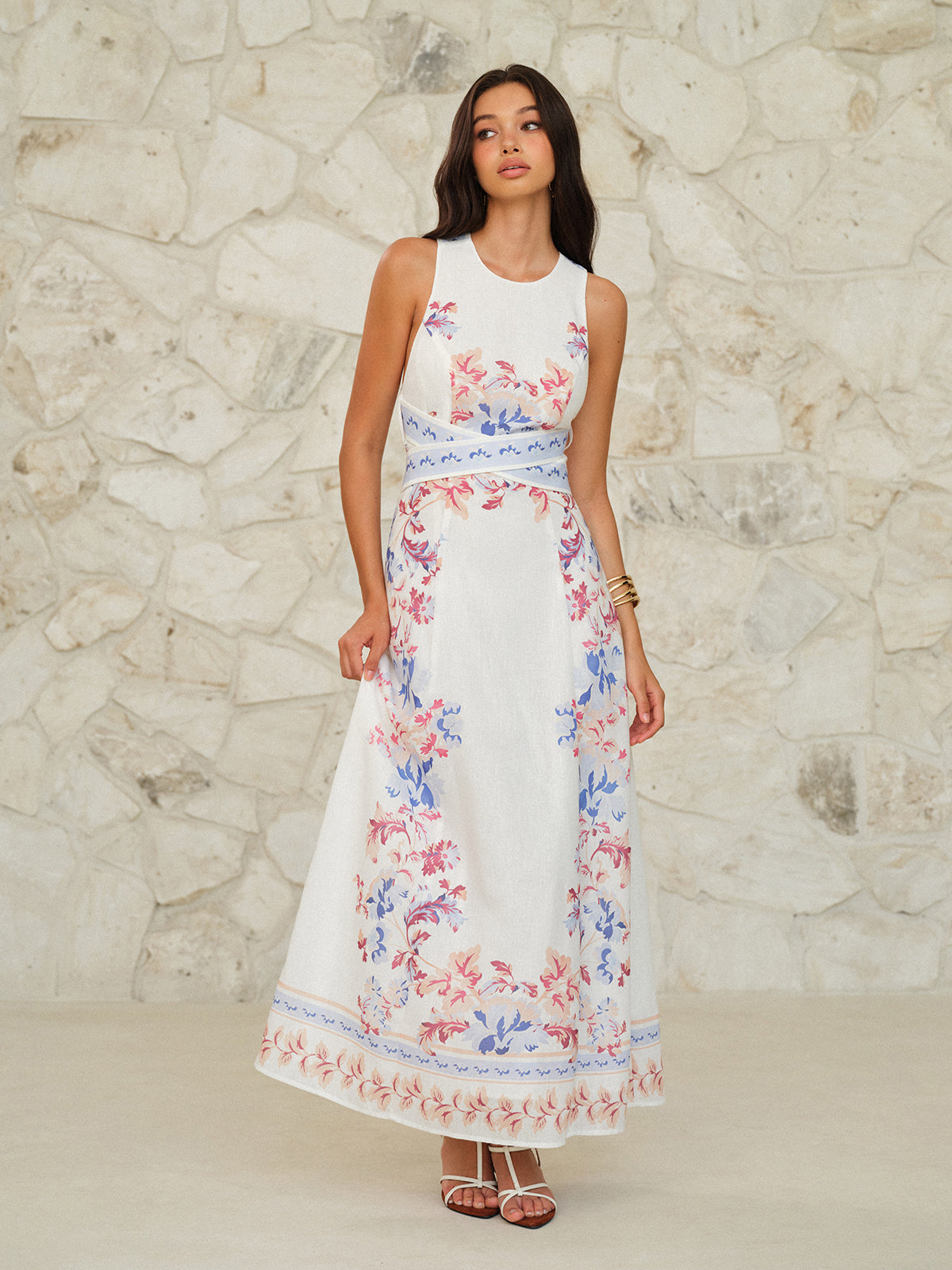 Sleeveless Floral Print Maxi Dress-Massicos