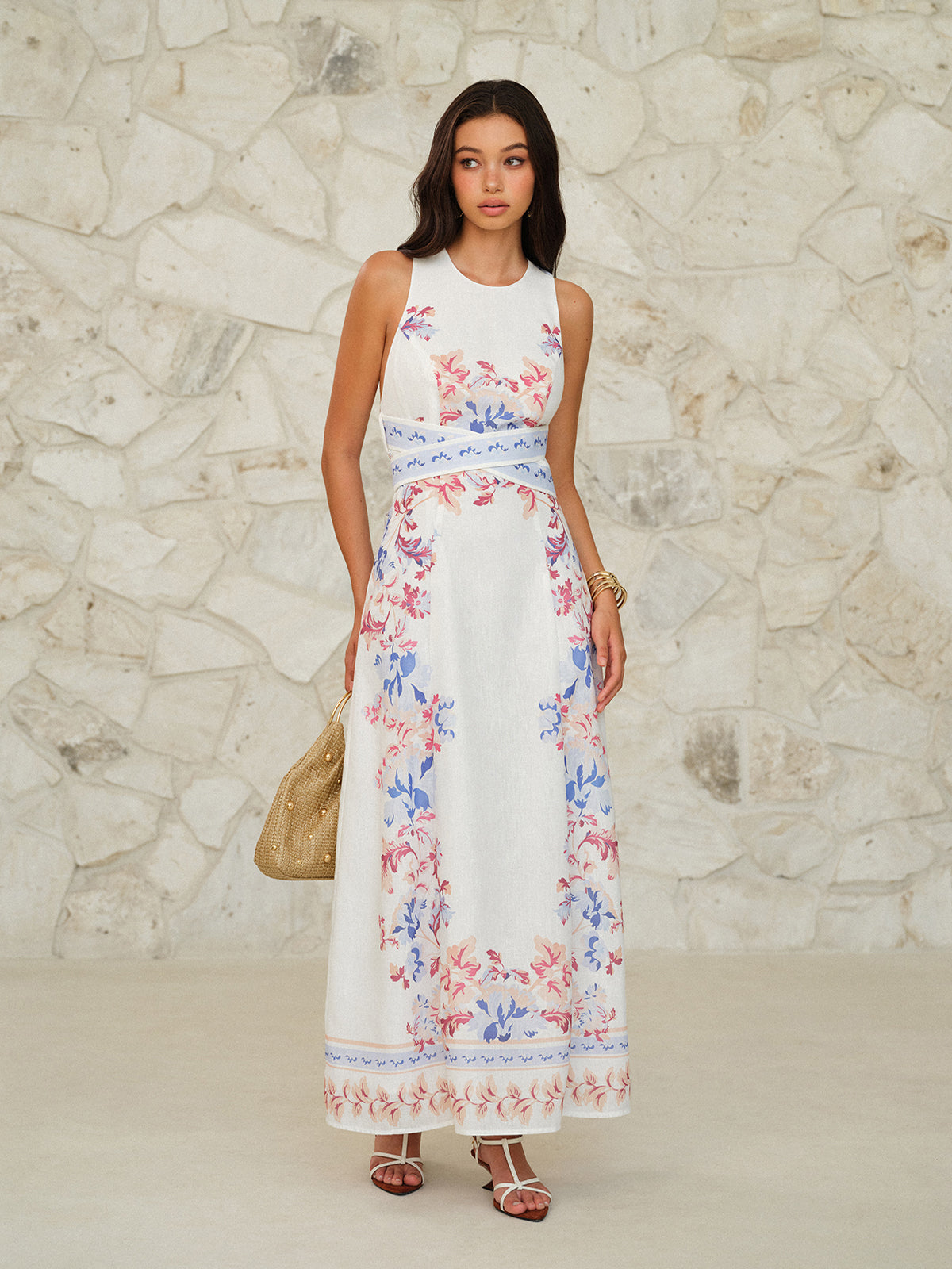 Sleeveless Floral Print Maxi Dress-Massicos