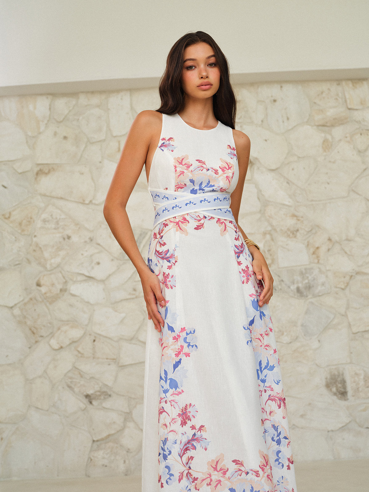 Sleeveless Floral Print Maxi Dress-Massicos
