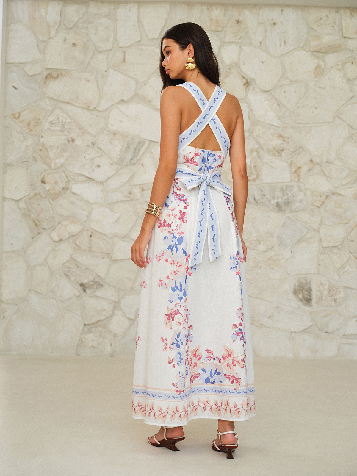 Sleeveless Floral Print Maxi Dress-Massicos