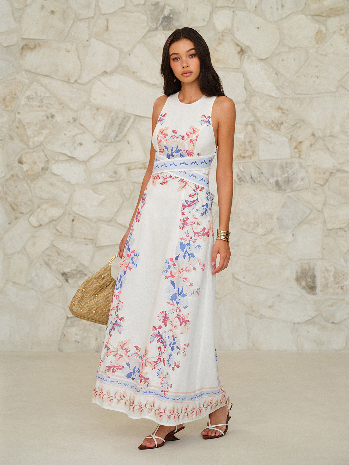 Sleeveless Floral Print Maxi Dress-Massicos