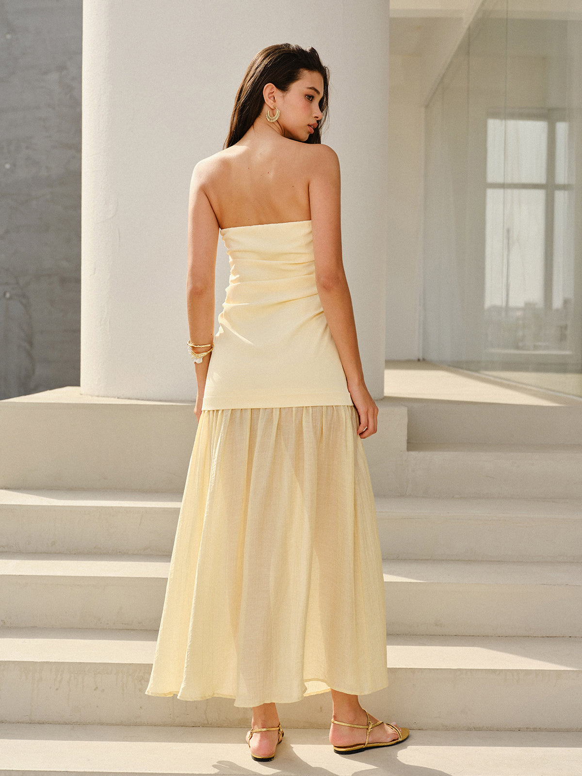 Semi-Sheer Strapless Ruched Maxi Dress-Massicos
