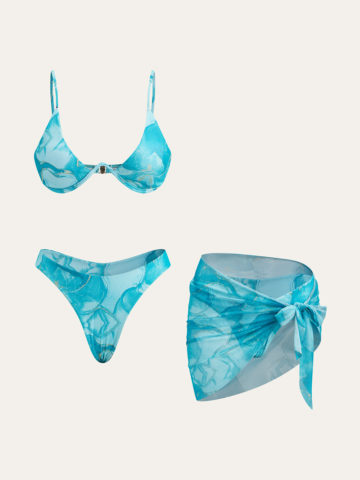 Marble Print Bikini Set With Cover-Up Skirt-Massicos