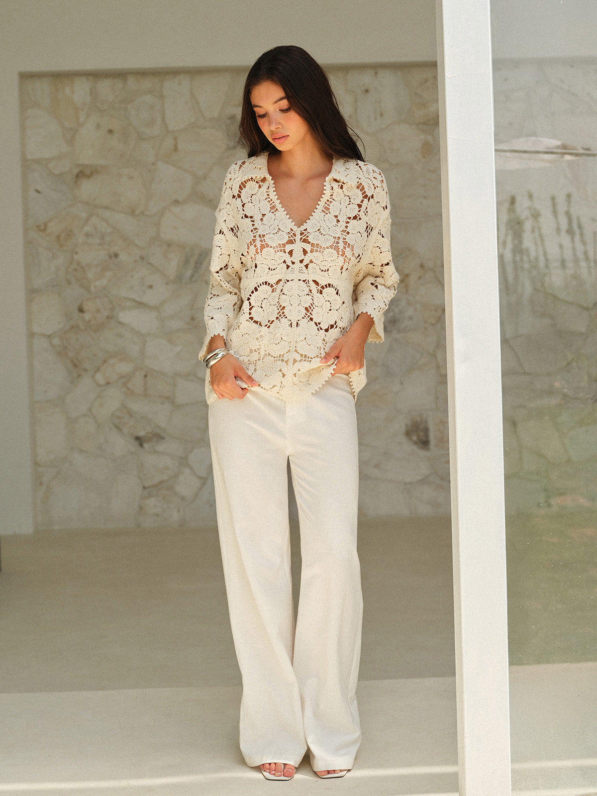 Semi-Sheer Floral Lace Top-Massicos