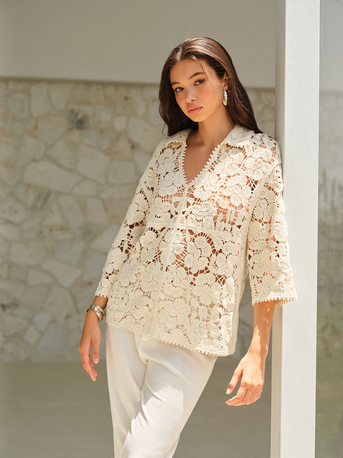 Semi-Sheer Floral Lace Top-Massicos