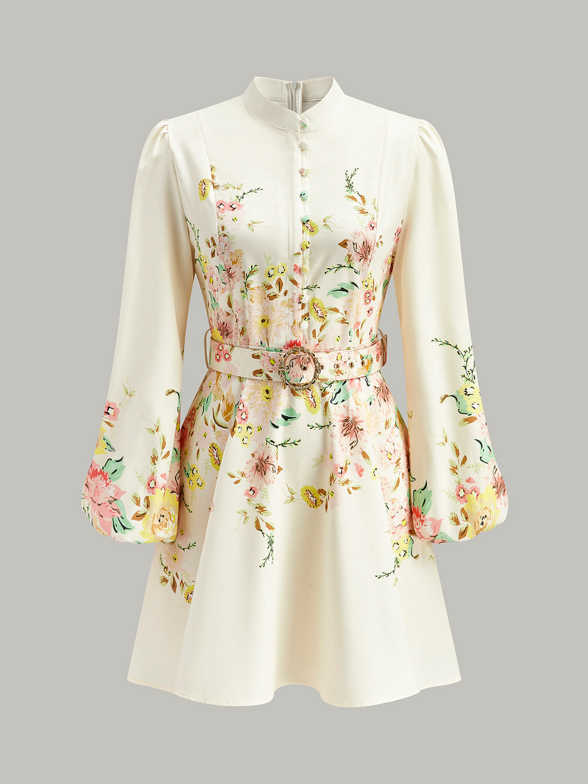 Floral Print Button Detail Dress With Belt-Massicos