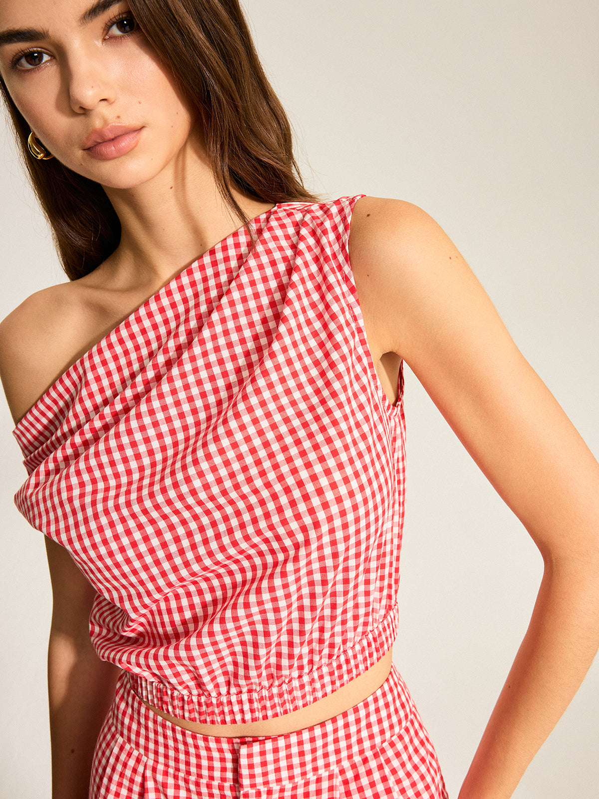 Gingham One-Shoulder Top and Shorts Set-Massicos
