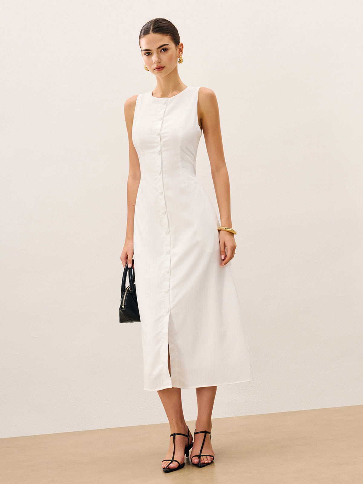 Cotton & Linen Button-Front Sleeveless Dress Without Belt-Massicos