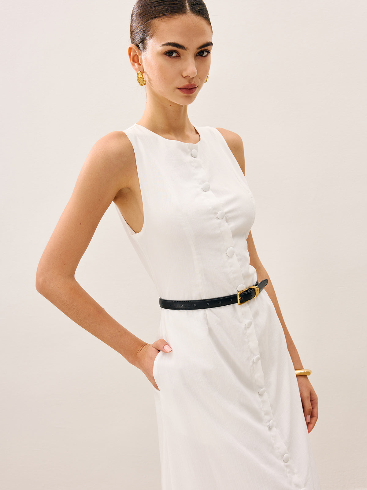 Cotton & Linen Button-Front Sleeveless Dress Without Belt-Massicos