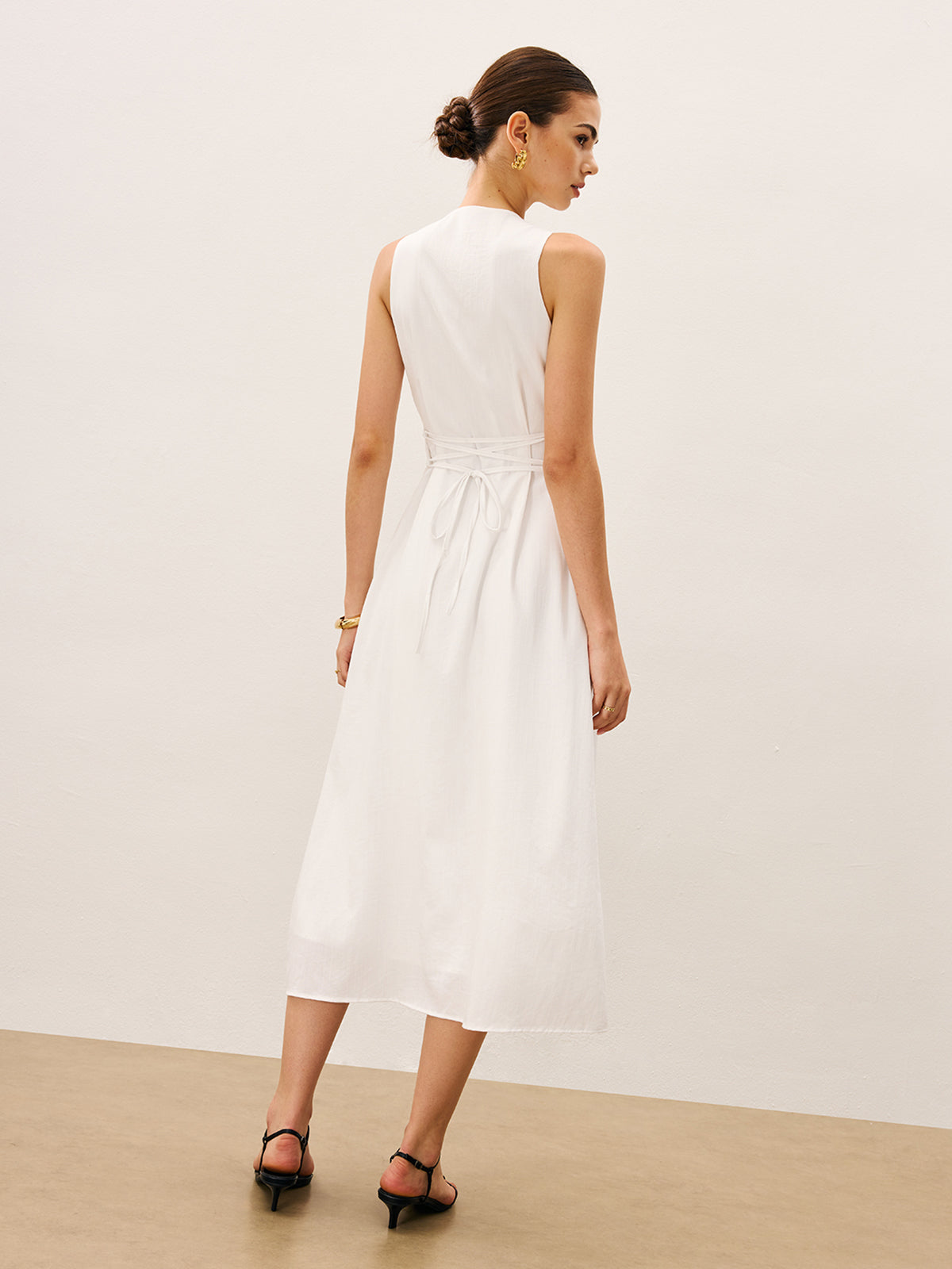 Cotton & Linen Button-Front Sleeveless Dress Without Belt-Massicos