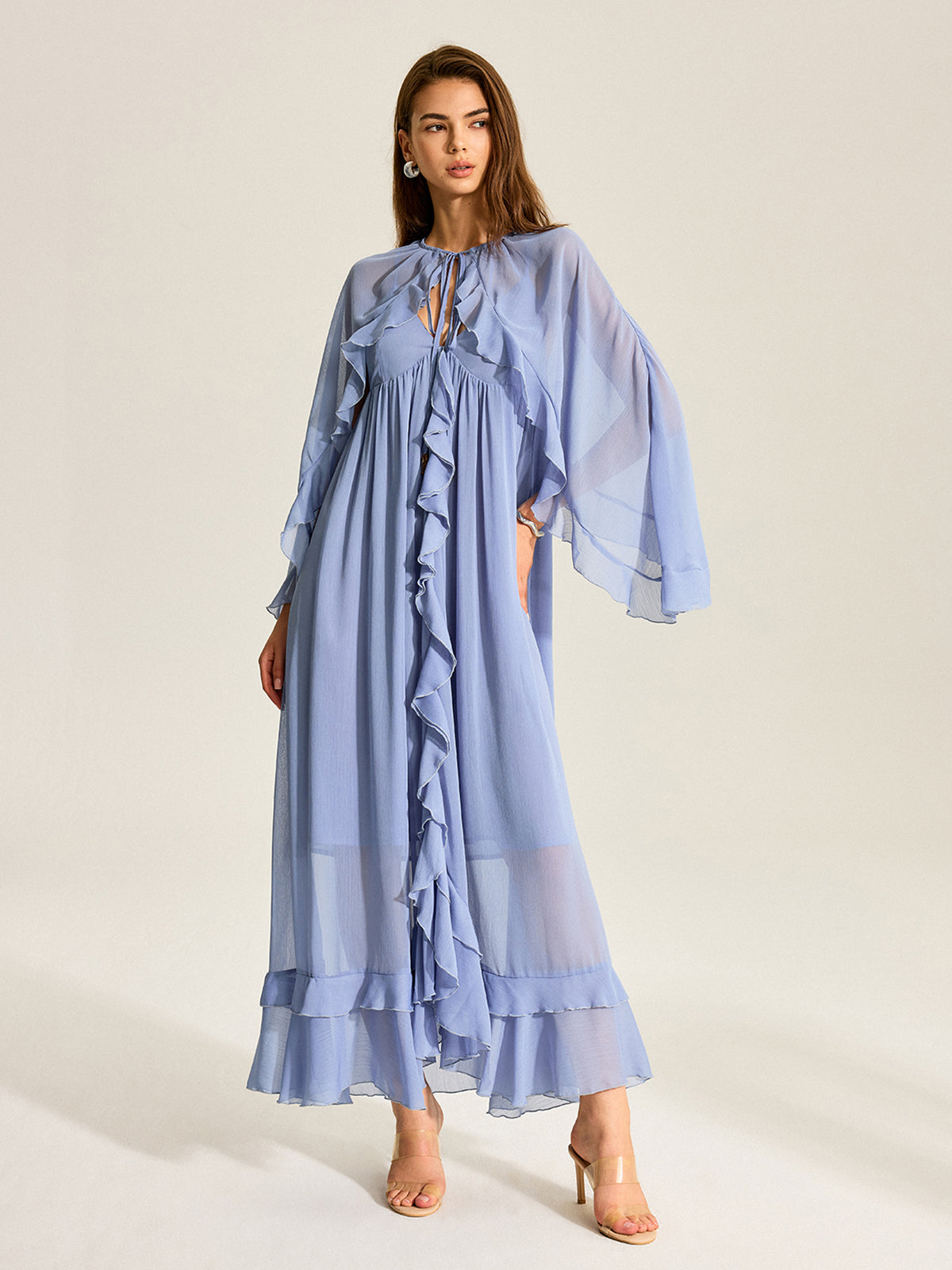 Semi-Sheer Cape Two-Piece Ruffled Chiffon Dress-Massicos