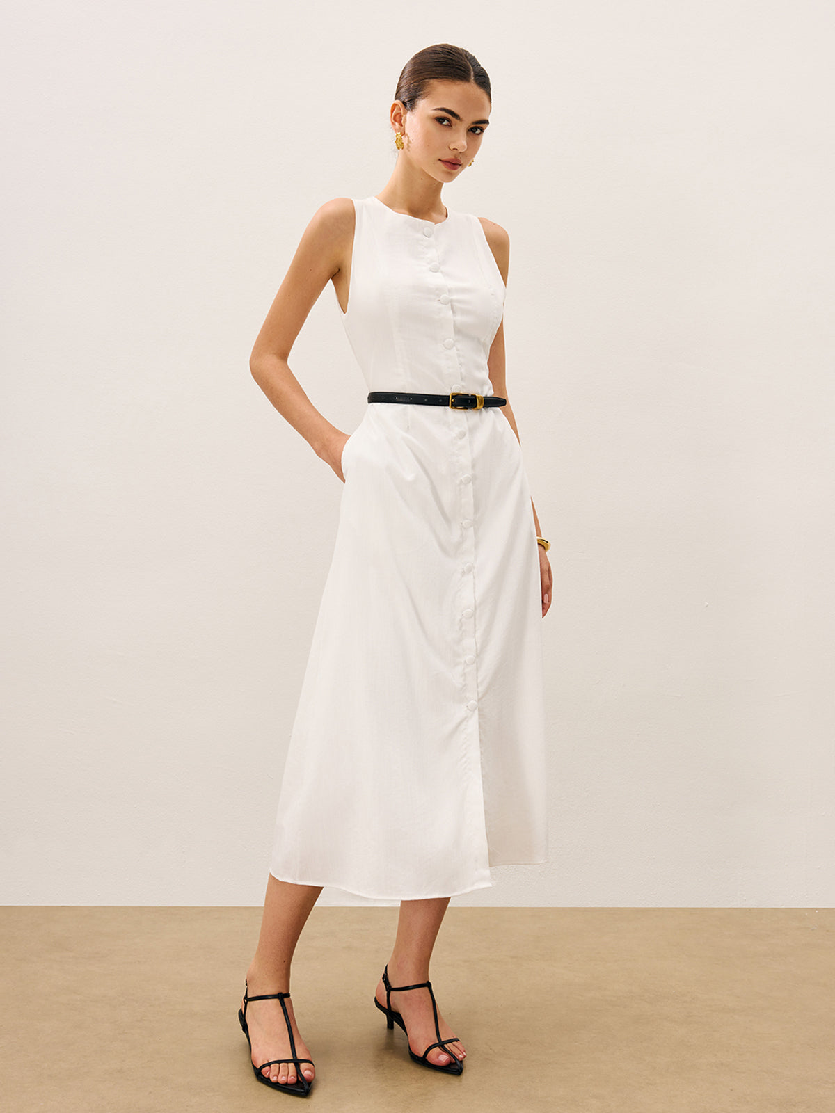 Cotton & Linen Button-Front Sleeveless Dress Without Belt-Massicos