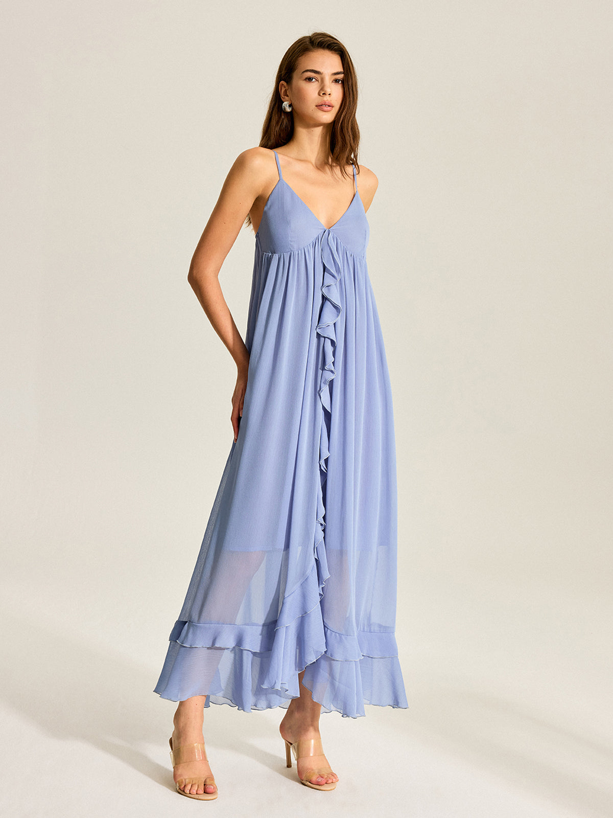 Semi-Sheer Cape Two-Piece Ruffled Chiffon Dress-Massicos