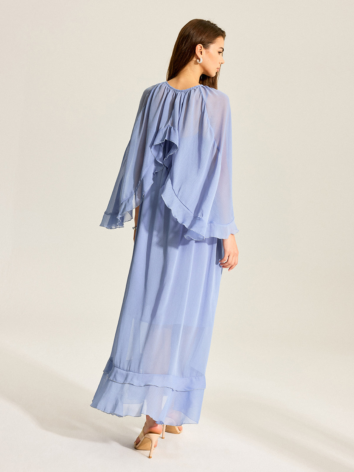 Semi-Sheer Cape Two-Piece Ruffled Chiffon Dress-Massicos
