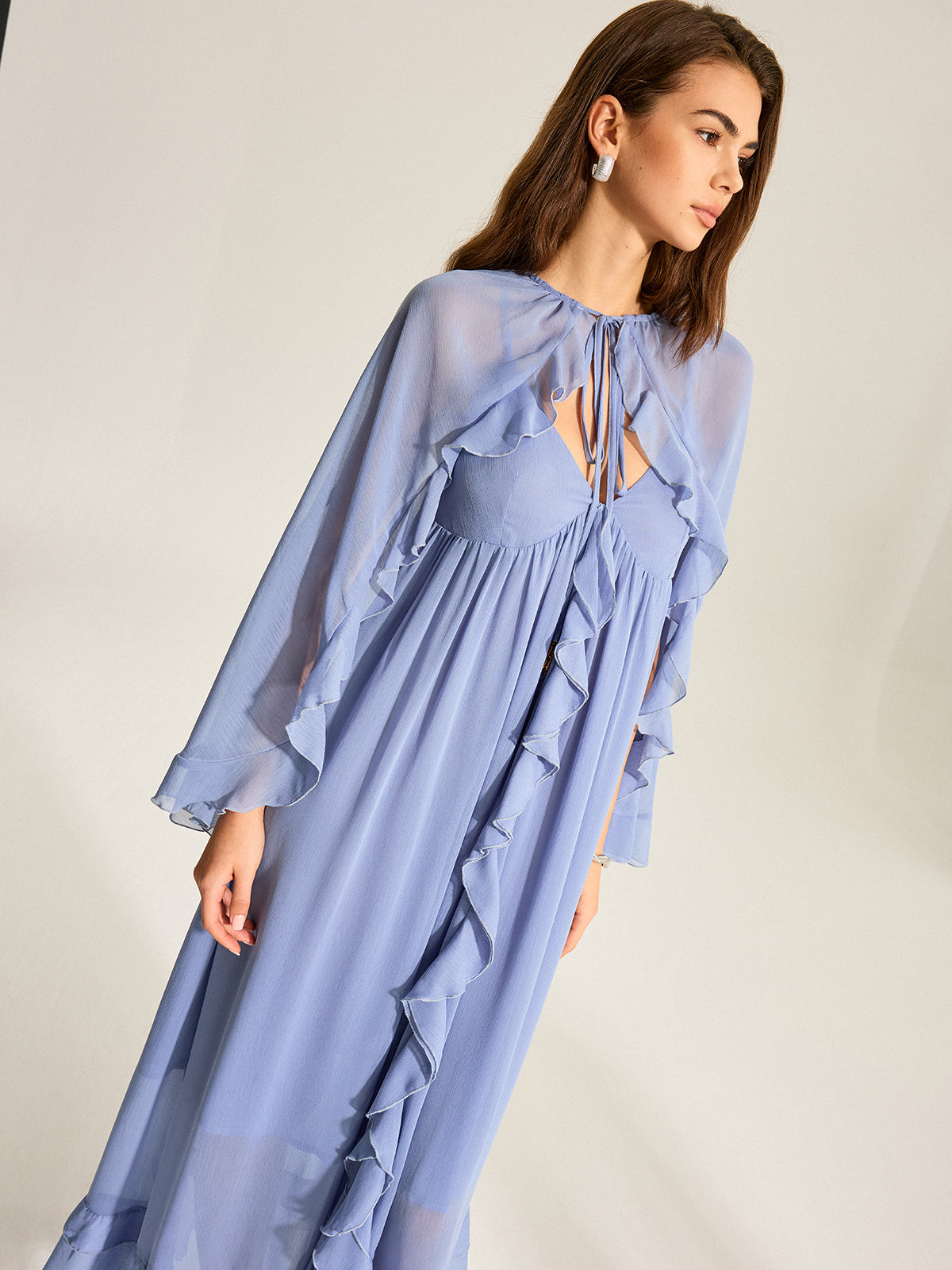 Semi-Sheer Cape Two-Piece Ruffled Chiffon Dress-Massicos
