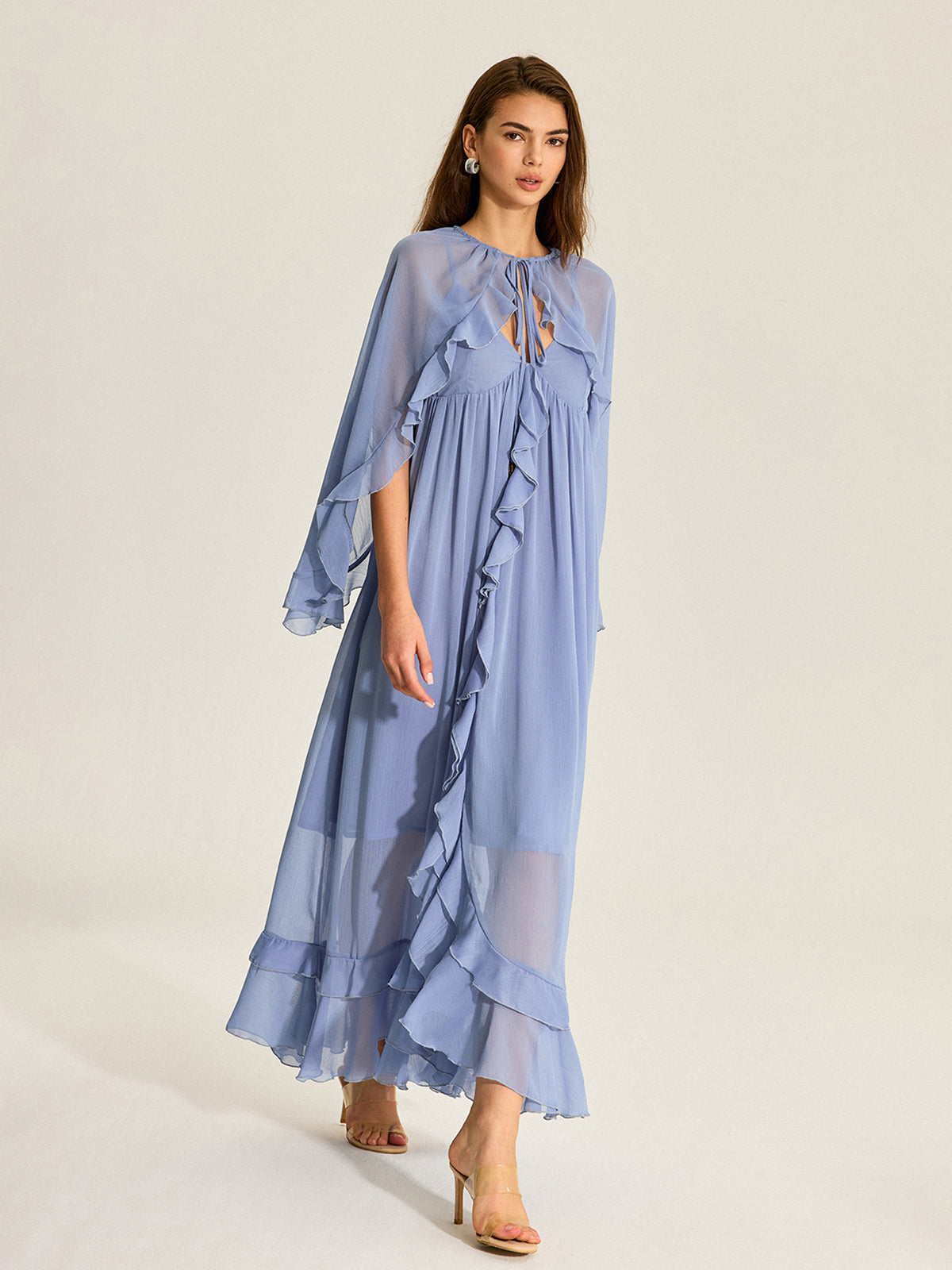 Semi-Sheer Cape Two-Piece Ruffled Chiffon Dress-Massicos