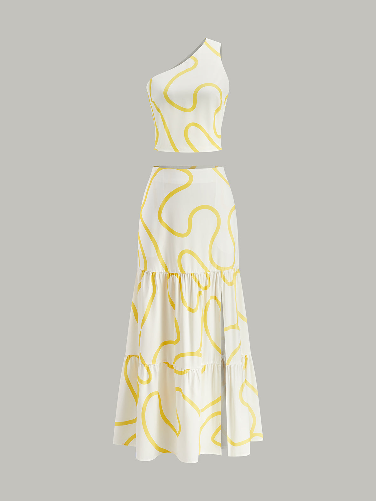 One-Shoulder Abstract Print Crop Top and Tiered Maxi Skirt Set-Massicos