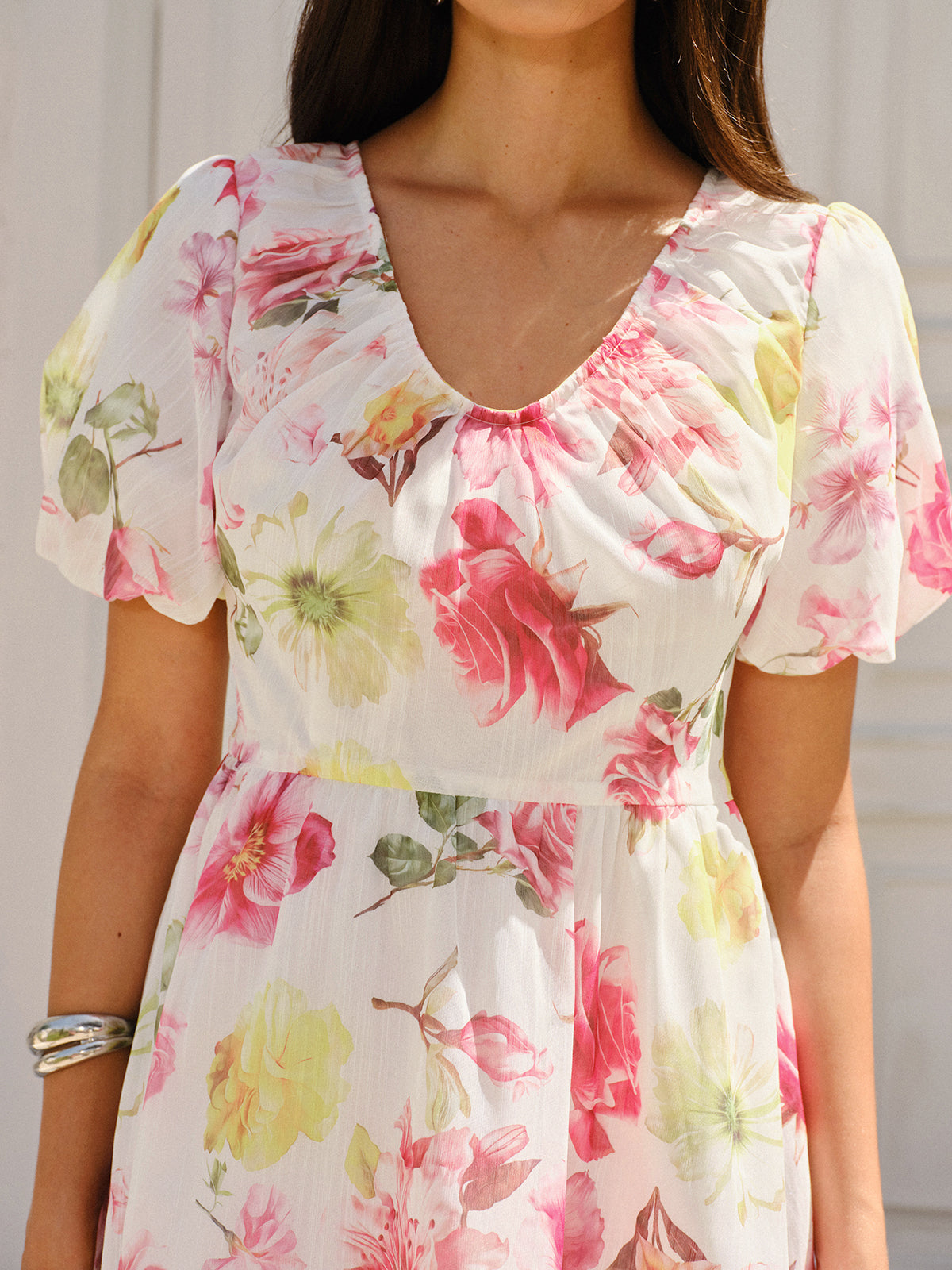 Floral Print Puff Sleeve Dress-Massicos
