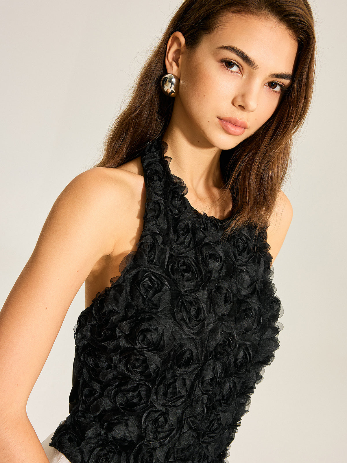 3D Floral Backless Bow Halter Top-Massicos