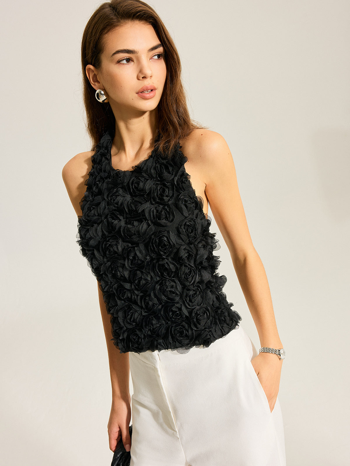 3D Floral Backless Bow Halter Top-Massicos
