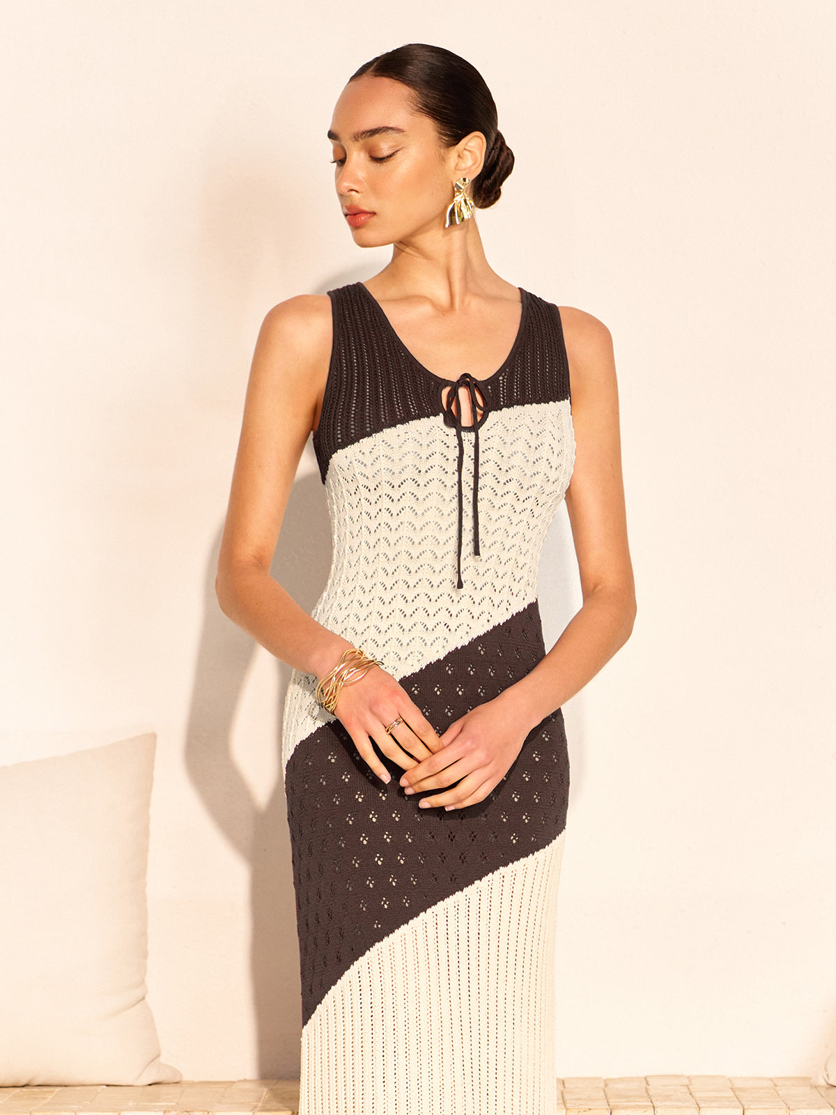 Two-Tone Crochet Front Tie Knit Dress-Massicos